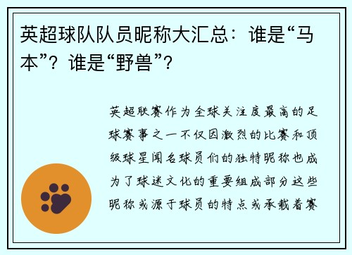 英超球队队员昵称大汇总：谁是“马本”？谁是“野兽”？
